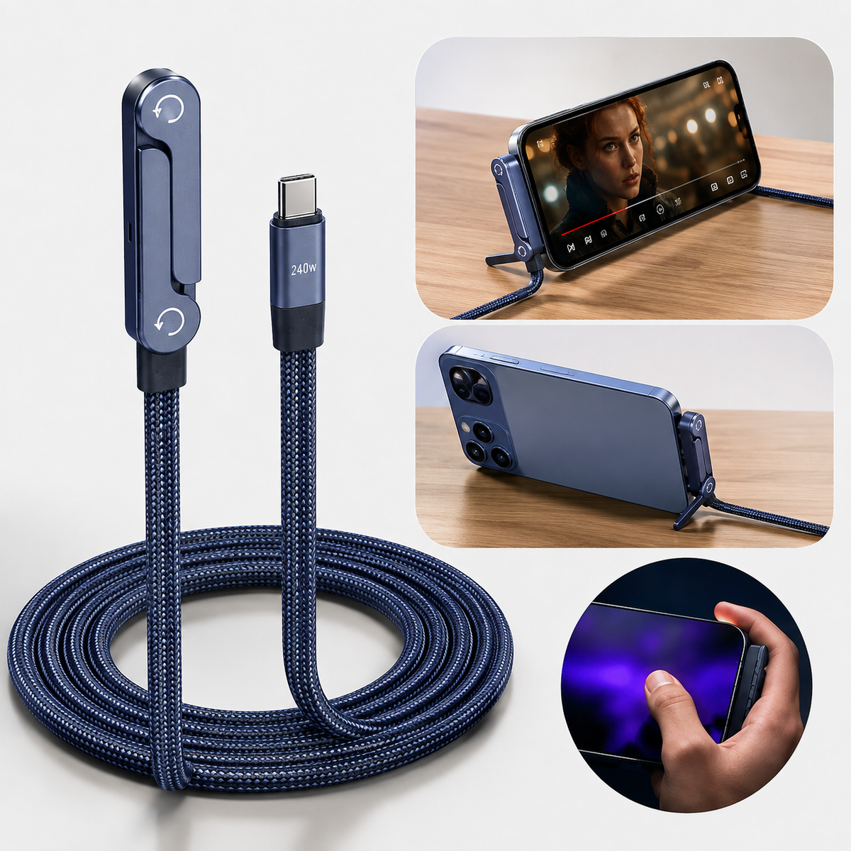 240W USB-C to USB-C Fast 1.5 Meter Charging Cable with Foldable Phone Holder