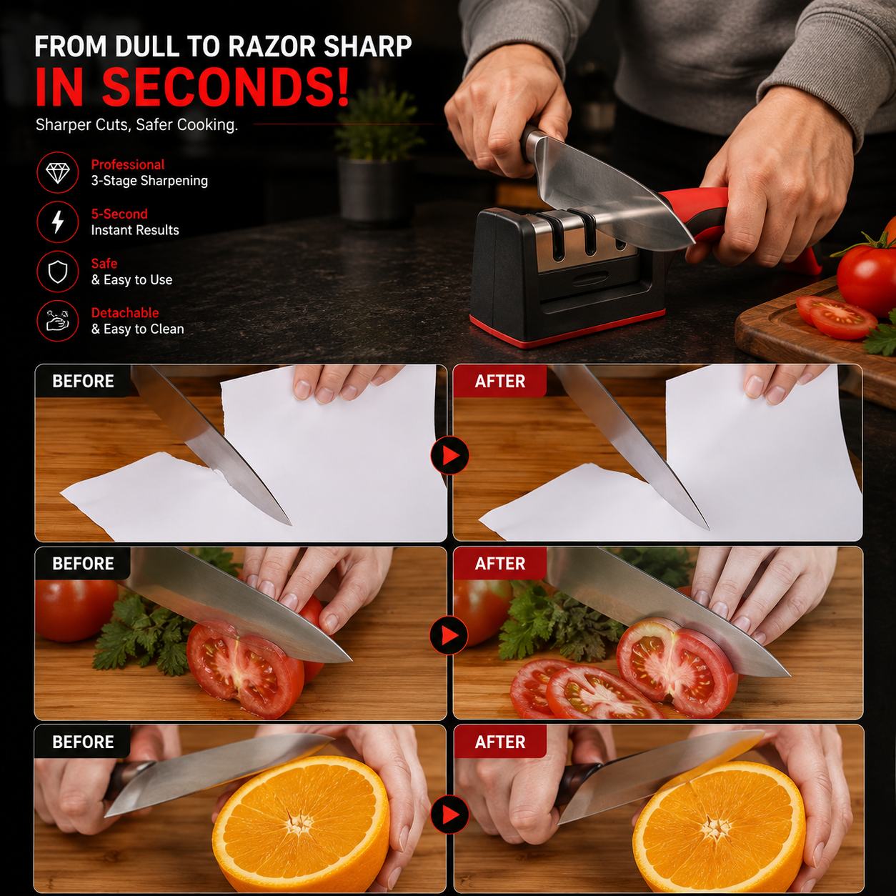 3-in-1 Knife Sharpener Stainless Steel Black Red