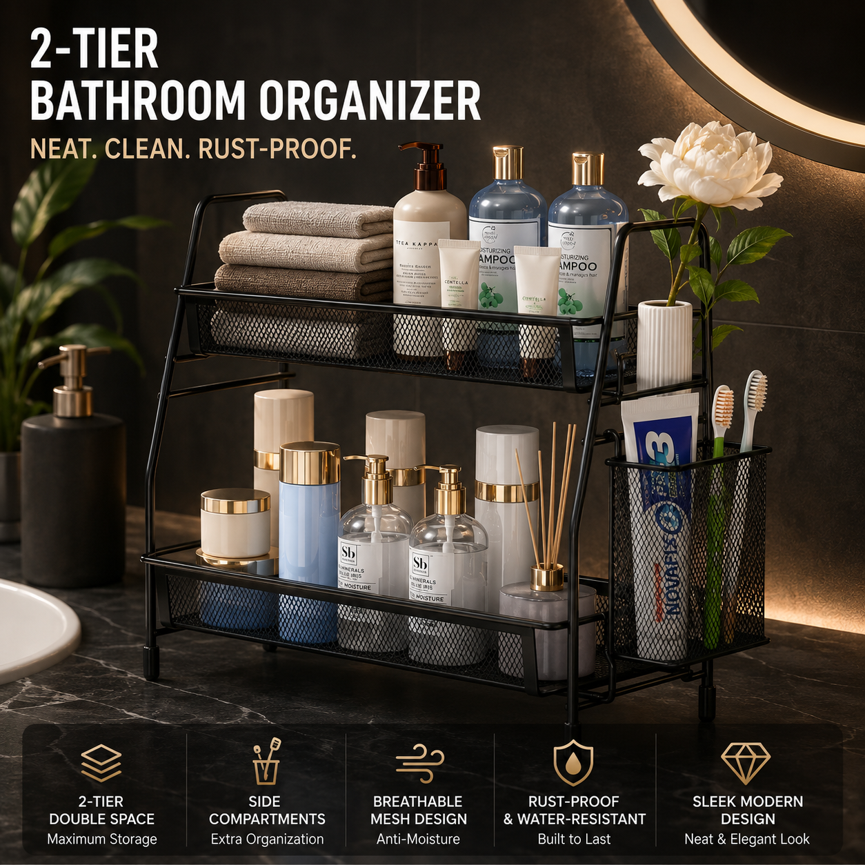 Black Mesh Bathroom Organizer Two Tier Storage