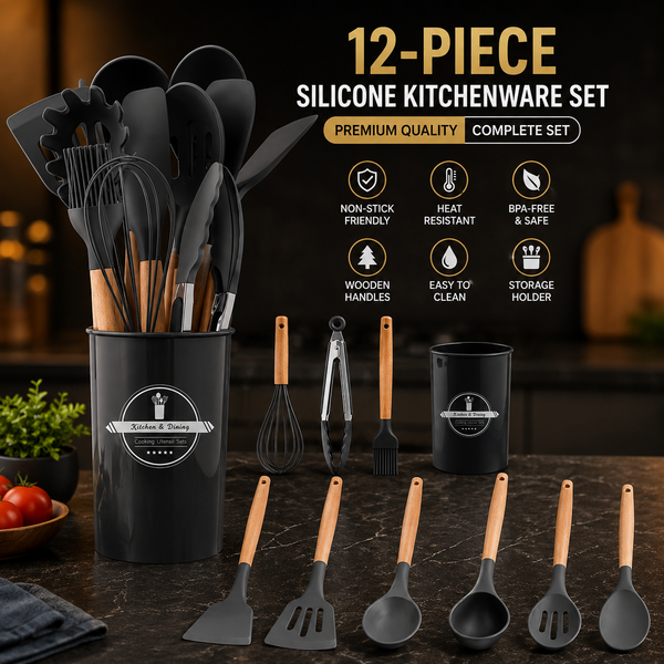 High Quality 12 Pcs Silicone Kitchen Utensil Set with Wooden Handles | Heat Resistant BPA Free Non-Stick Cooking Tools | Spatula, Turner, Spoon, Tongs, Whisk & Brush