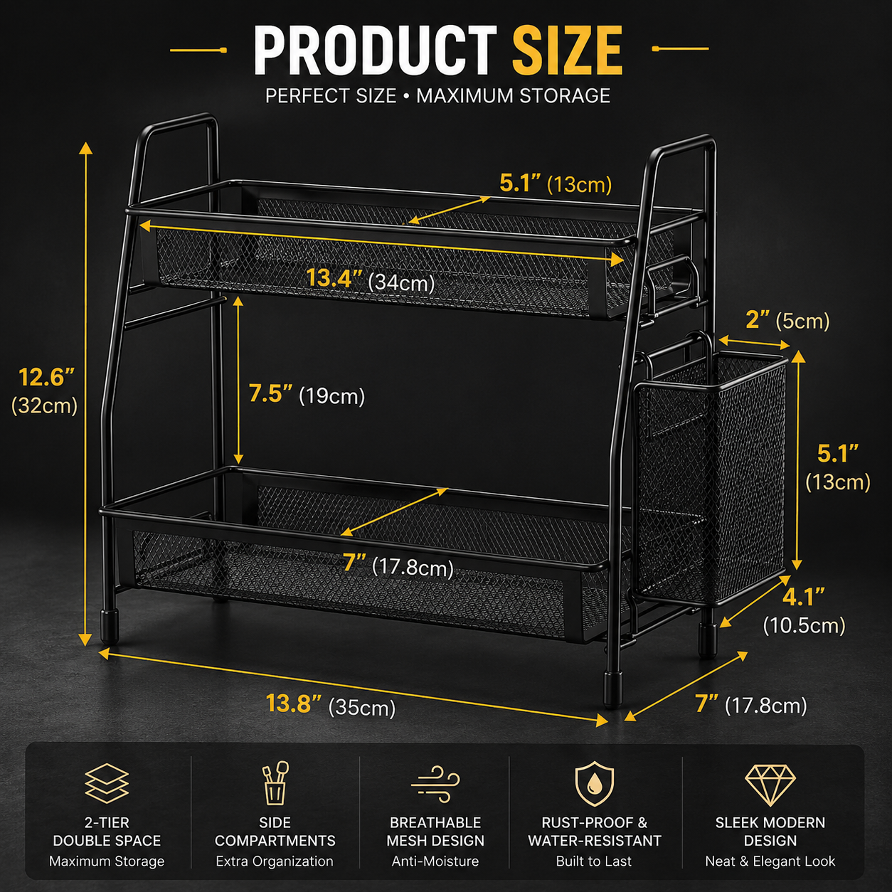 Black Mesh Bathroom Organizer Two Tier Storage