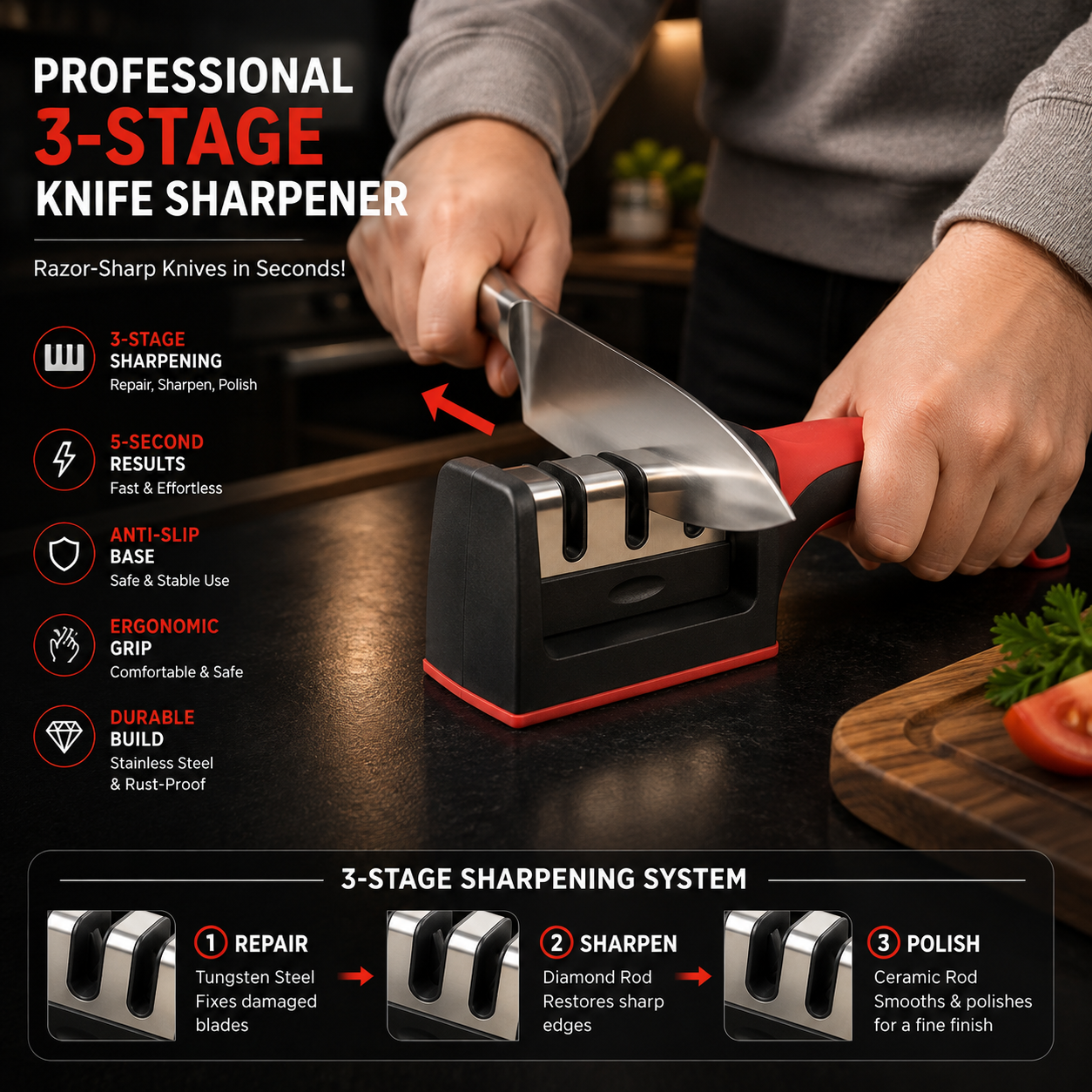 3-in-1 Knife Sharpener Stainless Steel Black Red