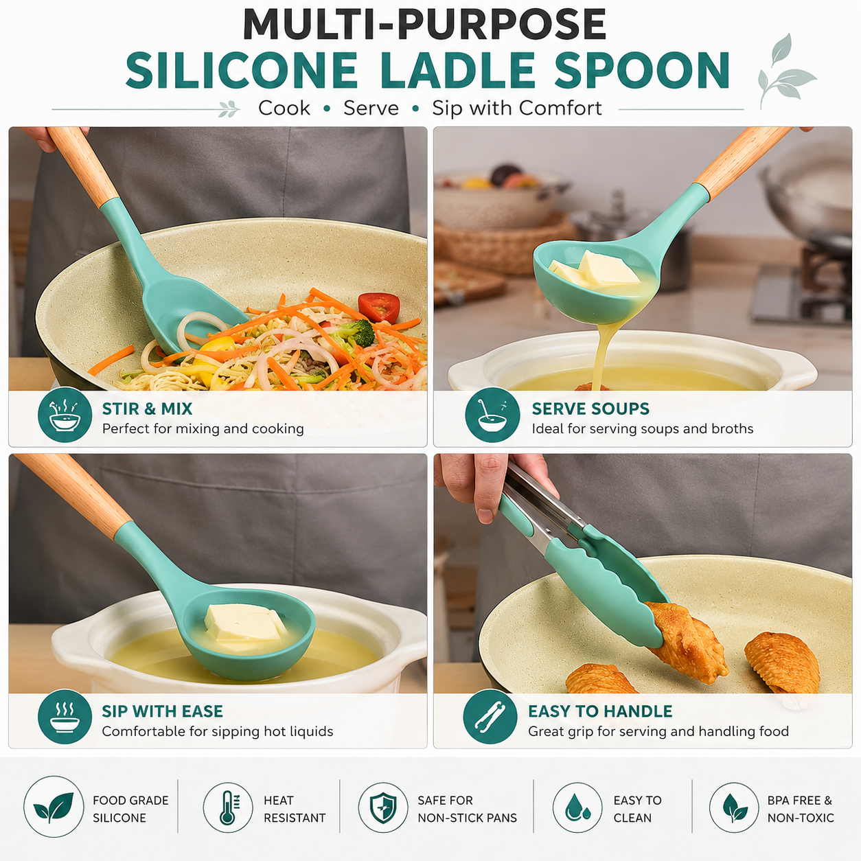 High Quality 12 Pcs Silicone Kitchen Utensil Set with Wooden Handles | Heat Resistant BPA Free Non-Stick Cooking Tools | Spatula, Turner, Spoon, Tongs, Whisk & Brush