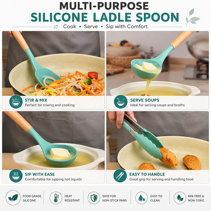 High Quality 12 Pcs Silicone Kitchen Utensil Set with Wooden Handles | Heat Resistant BPA Free Non-Stick Cooking Tools | Spatula, Turner, Spoon, Tongs, Whisk & Brush