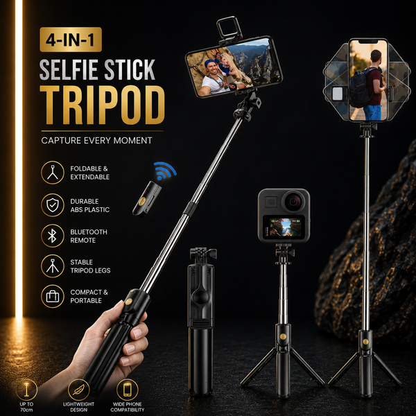 4-in-1 Tripod Selfie Stick Black ABS Plastic