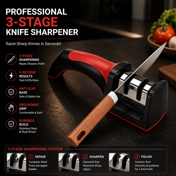 3-in-1 Knife Sharpener Stainless Steel Black Red
