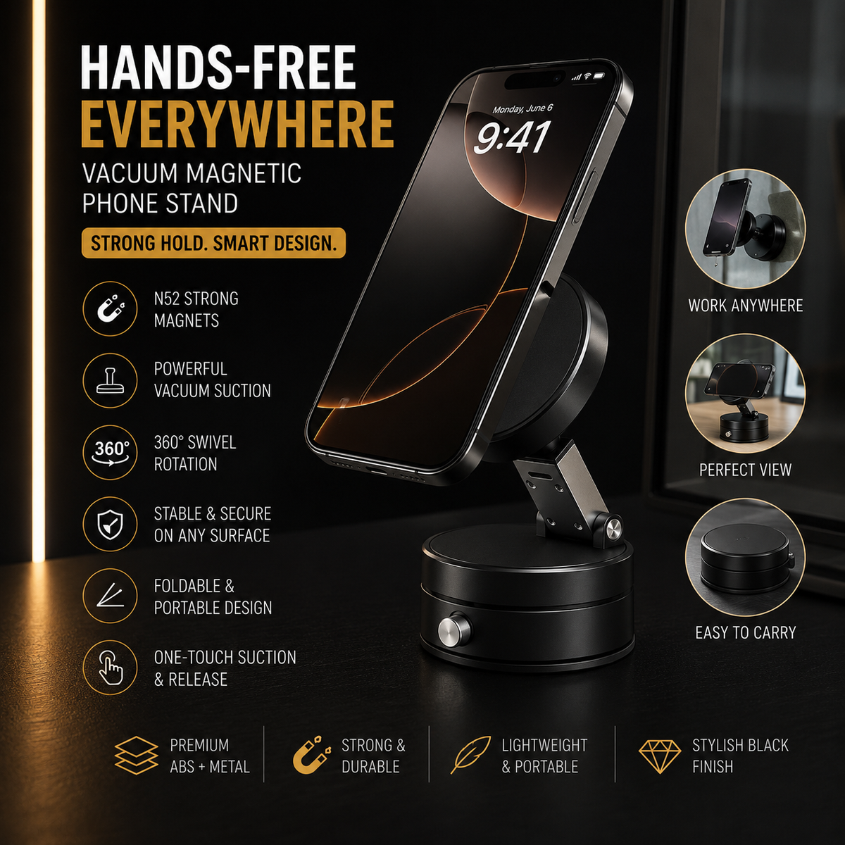 Vacuum Magnetic Phone Stand Black ABS