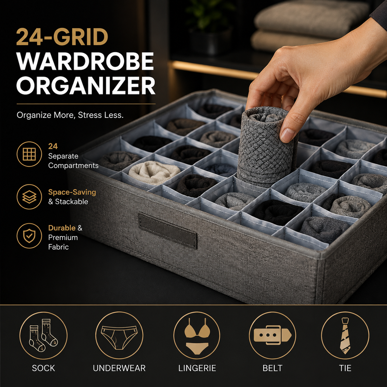 24 Pocket Socks Organizer Box Oxford Quilted Multicolor
