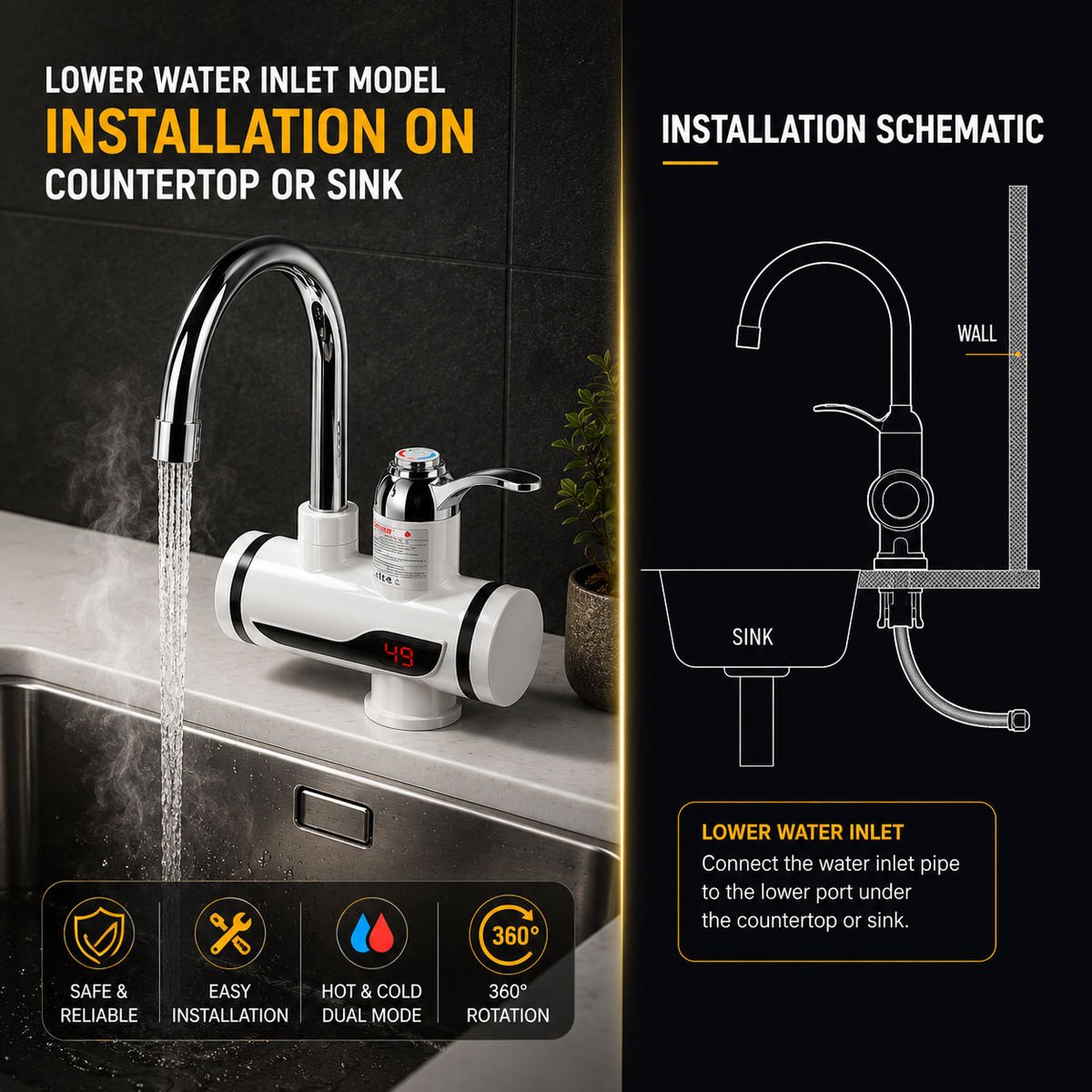 Instant 360° Electric Water Heating Tap Silver