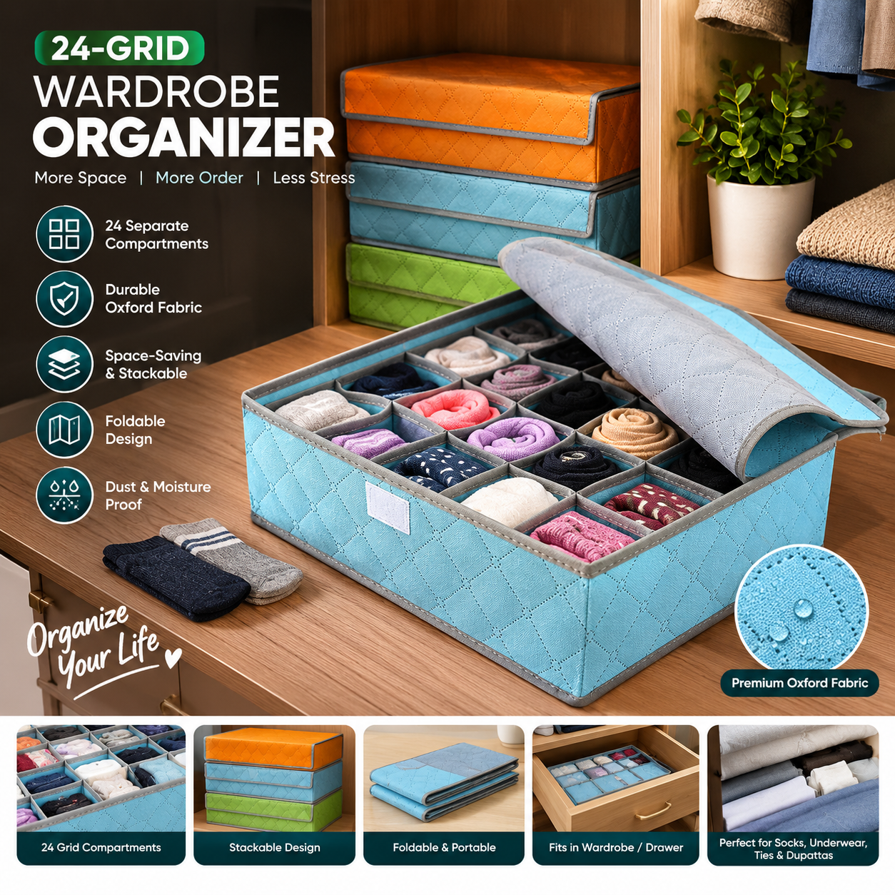24 Pocket Socks Organizer Box Oxford Quilted Multicolor