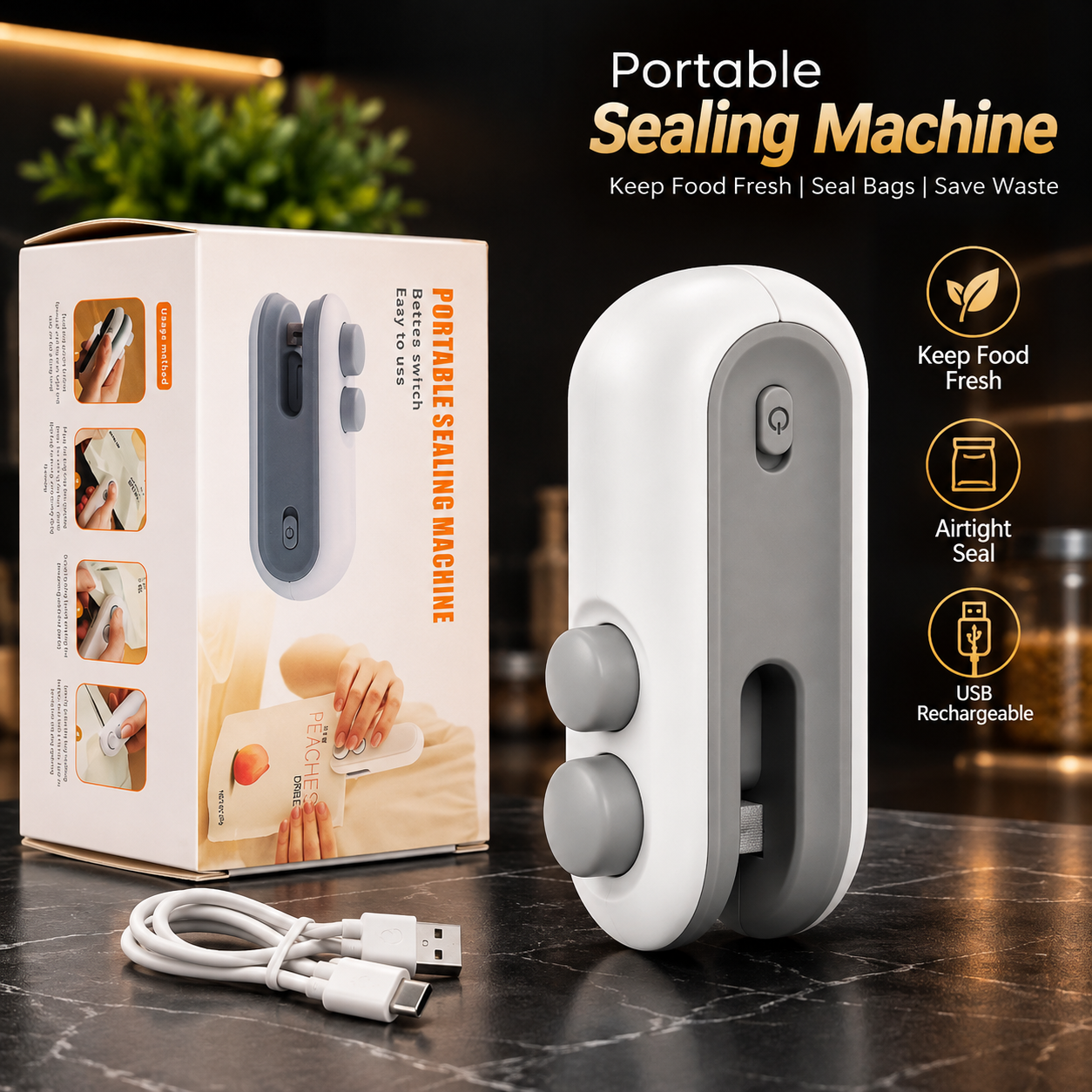 USB Rechargeable Snack Bag Sealer Machine White Grey