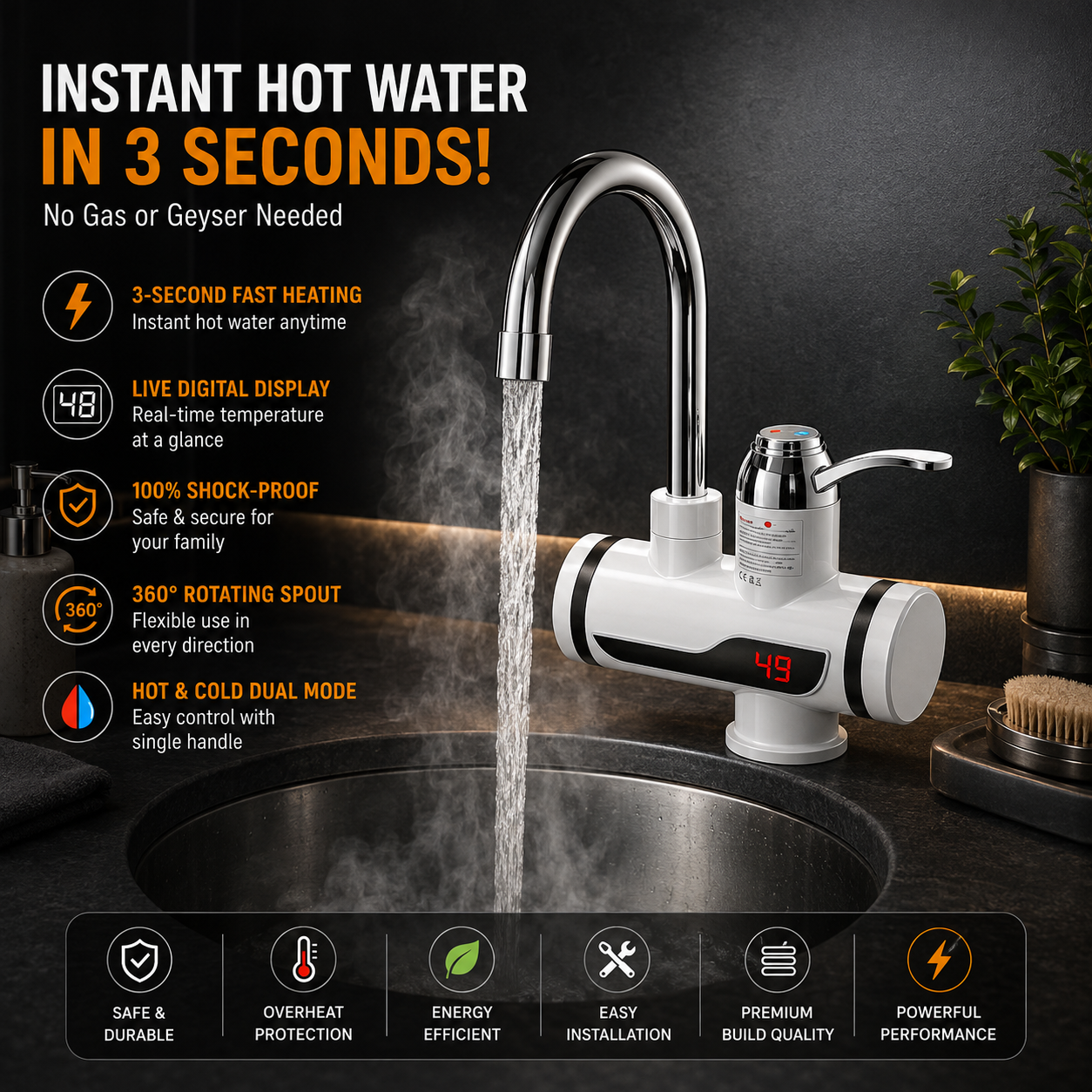 Instant 360° Electric Water Heating Tap Silver