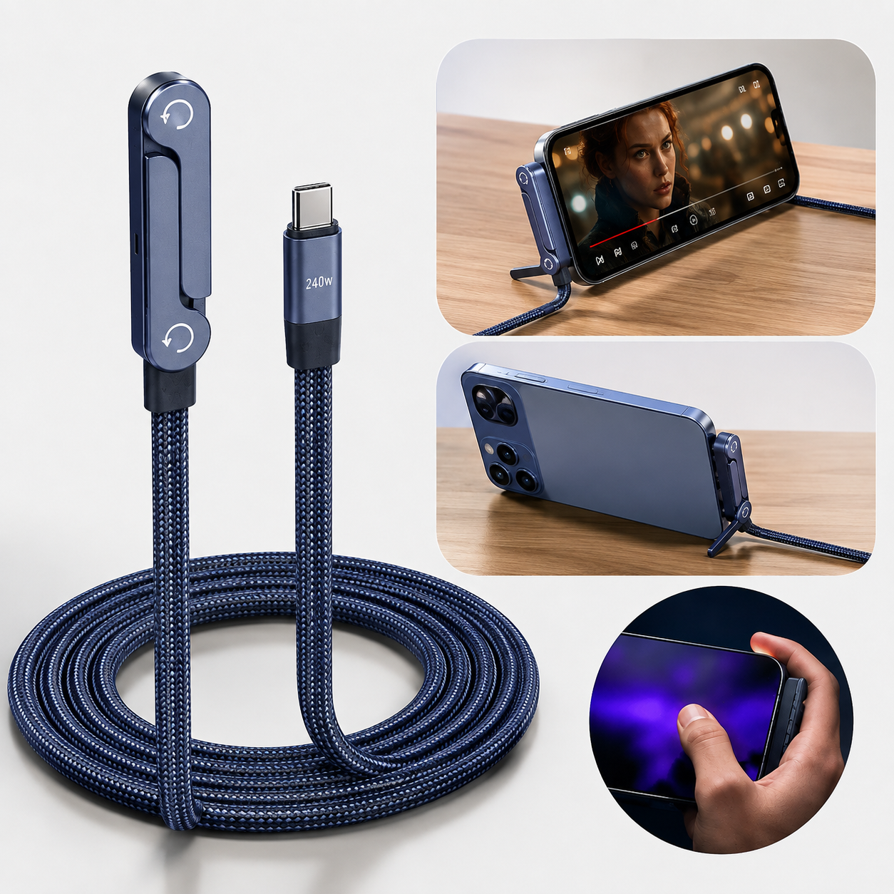 240W USB-C to USB-C Fast 1.5 Meter Charging Cable with Foldable Phone Holder