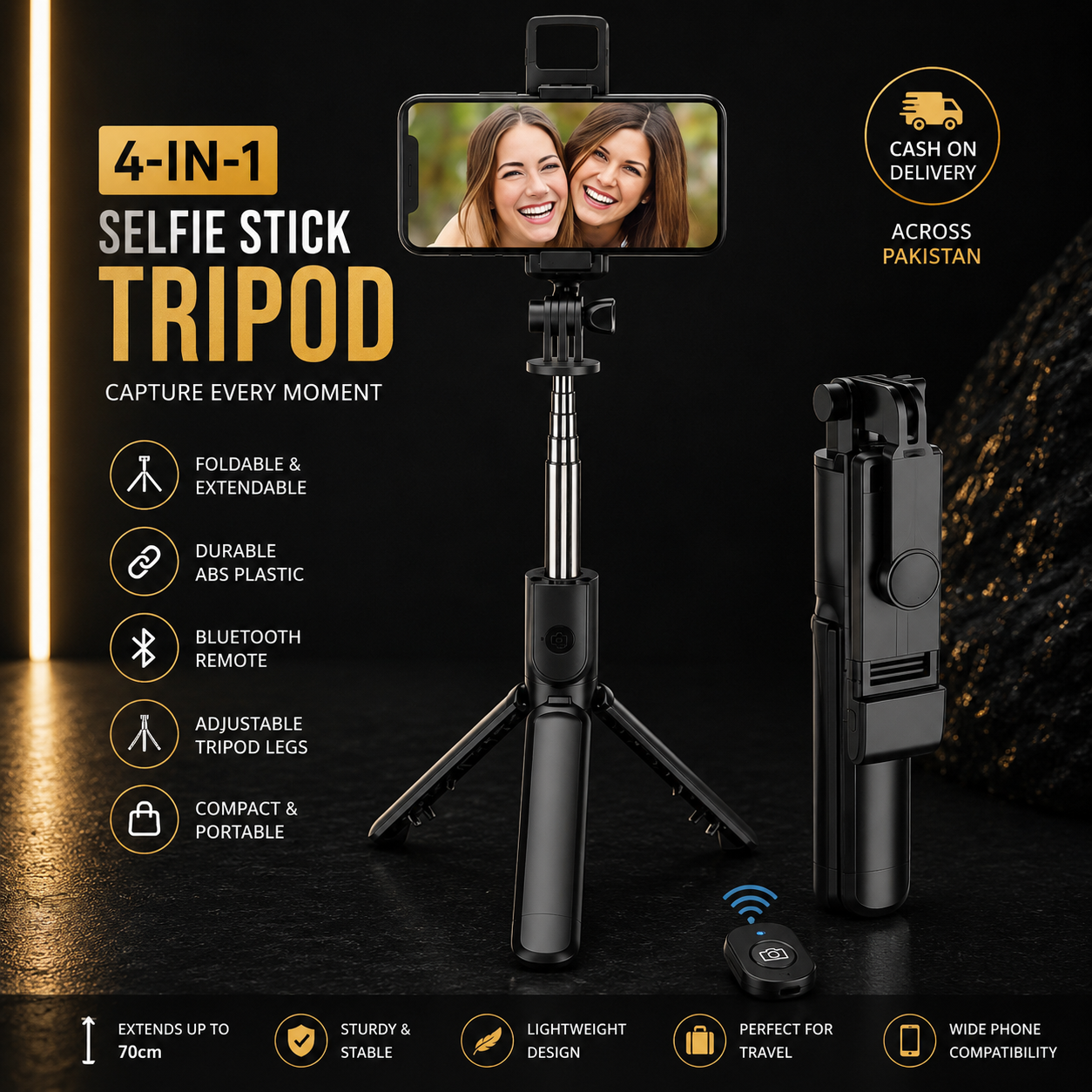 4-in-1 Tripod Selfie Stick Black ABS Plastic