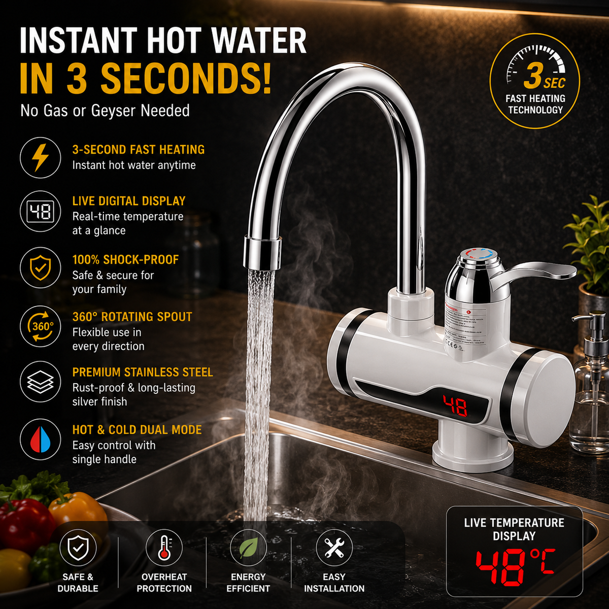 Instant 360° Electric Water Heating Tap Silver