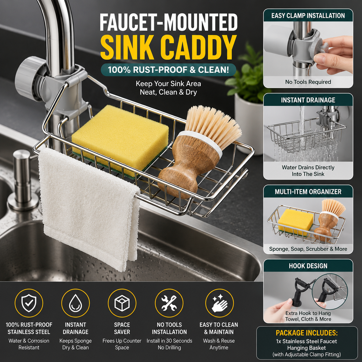 Stainless Steel Hanging Basket for Kitchen Faucet