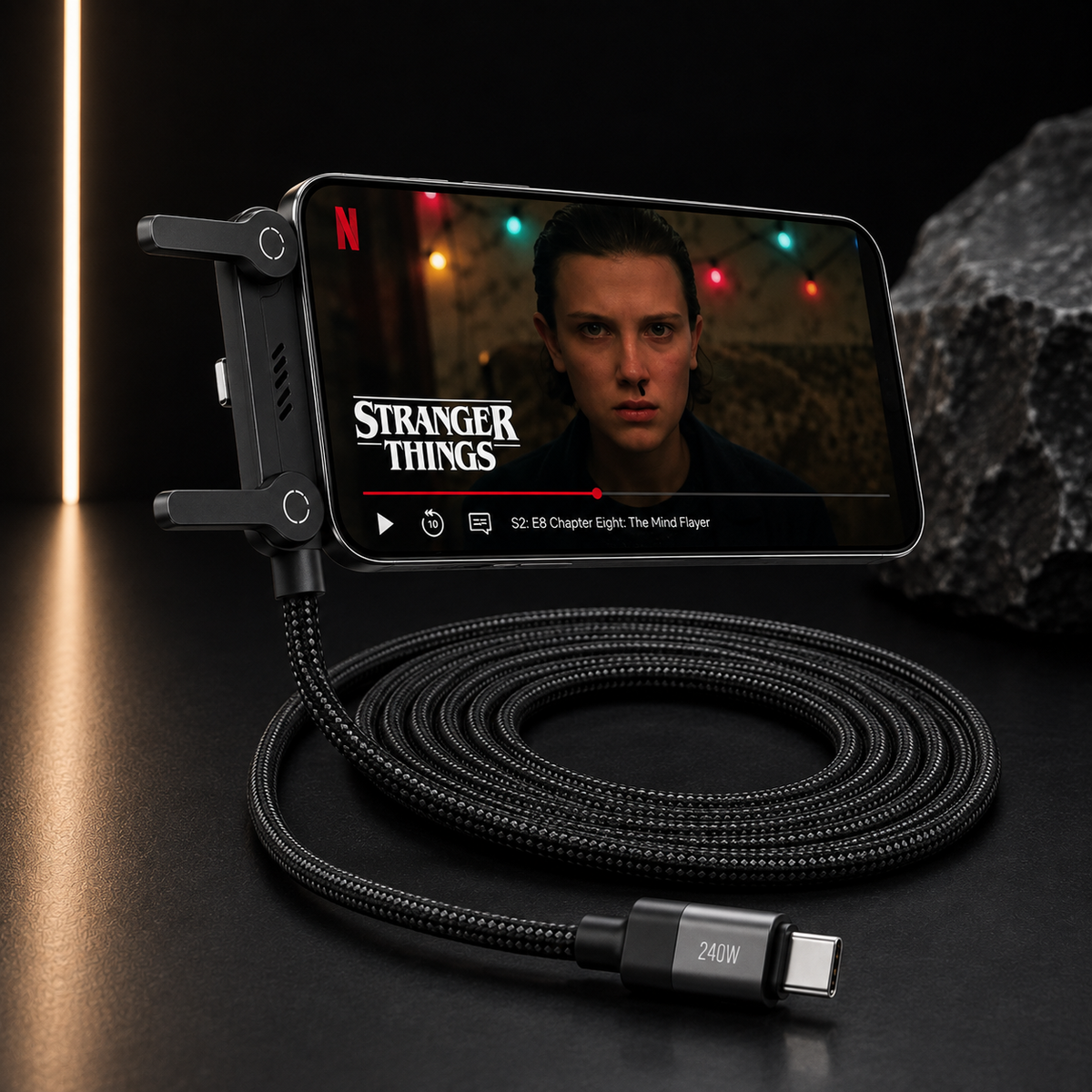 240W USB-C to USB-C Fast 1.5 Meter Charging Cable with Foldable Phone Holder