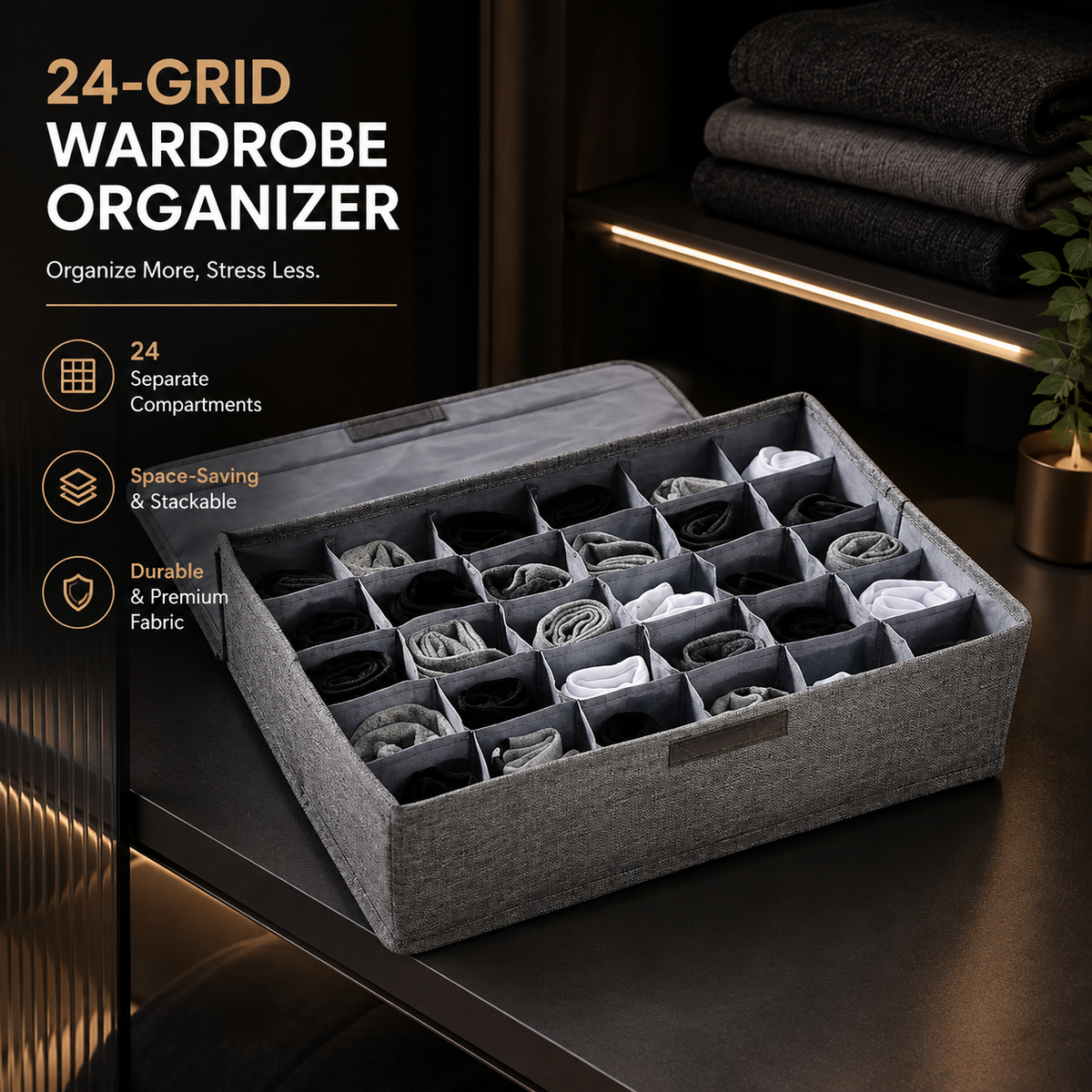 24 Pocket Socks Organizer Box Oxford Quilted Multicolor