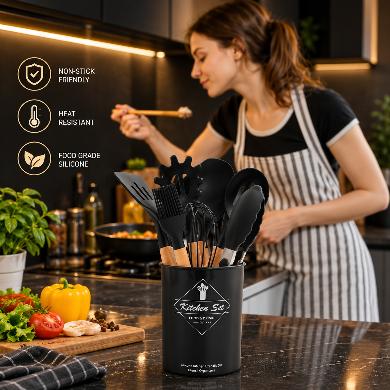 High Quality 12 Pcs Silicone Kitchen Utensil Set with Wooden Handles | Heat Resistant BPA Free Non-Stick Cooking Tools | Spatula, Turner, Spoon, Tongs, Whisk & Brush