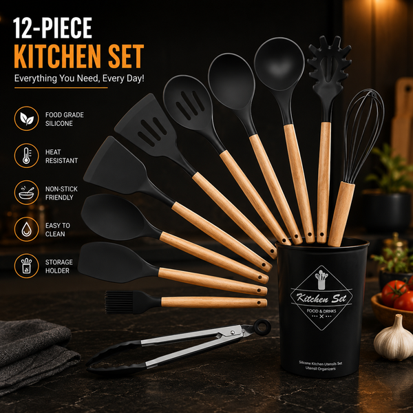 High Quality 12 Pcs Silicone Kitchen Utensil Set with Wooden Handles | Heat Resistant BPA Free Non-Stick Cooking Tools | Spatula, Turner, Spoon, Tongs, Whisk & Brush